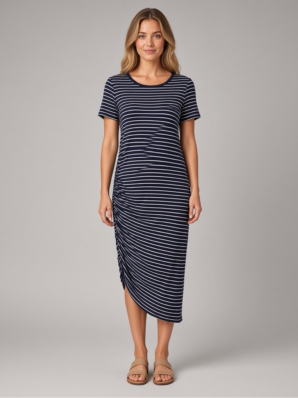 Time and Tru Navy & White Striped Ruched Side Midi Dress